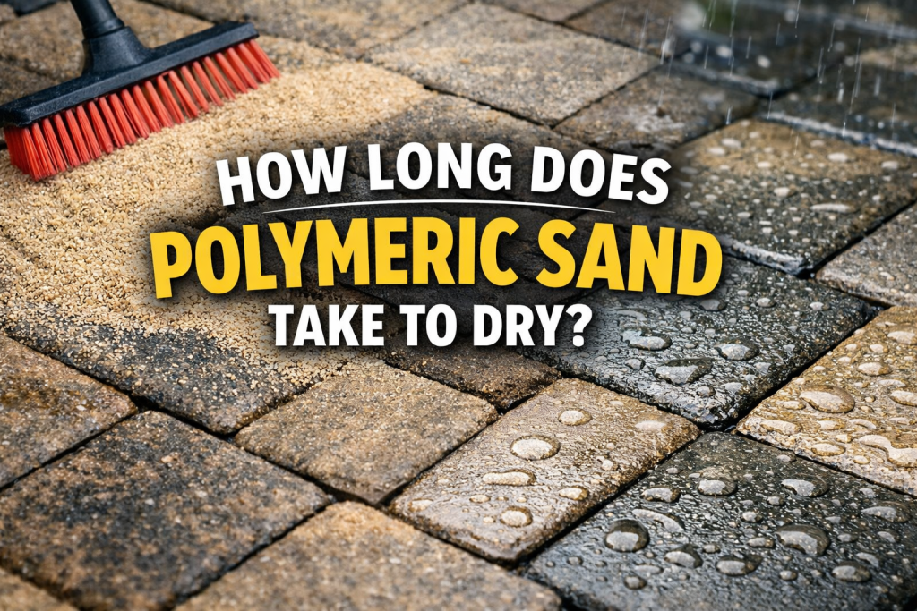 Close-up of a paver patio with polymeric sand being swept into joints, light rain on the surface, and bold overlay text reading “How Long Does Polymeric Sand Take to Dry?”